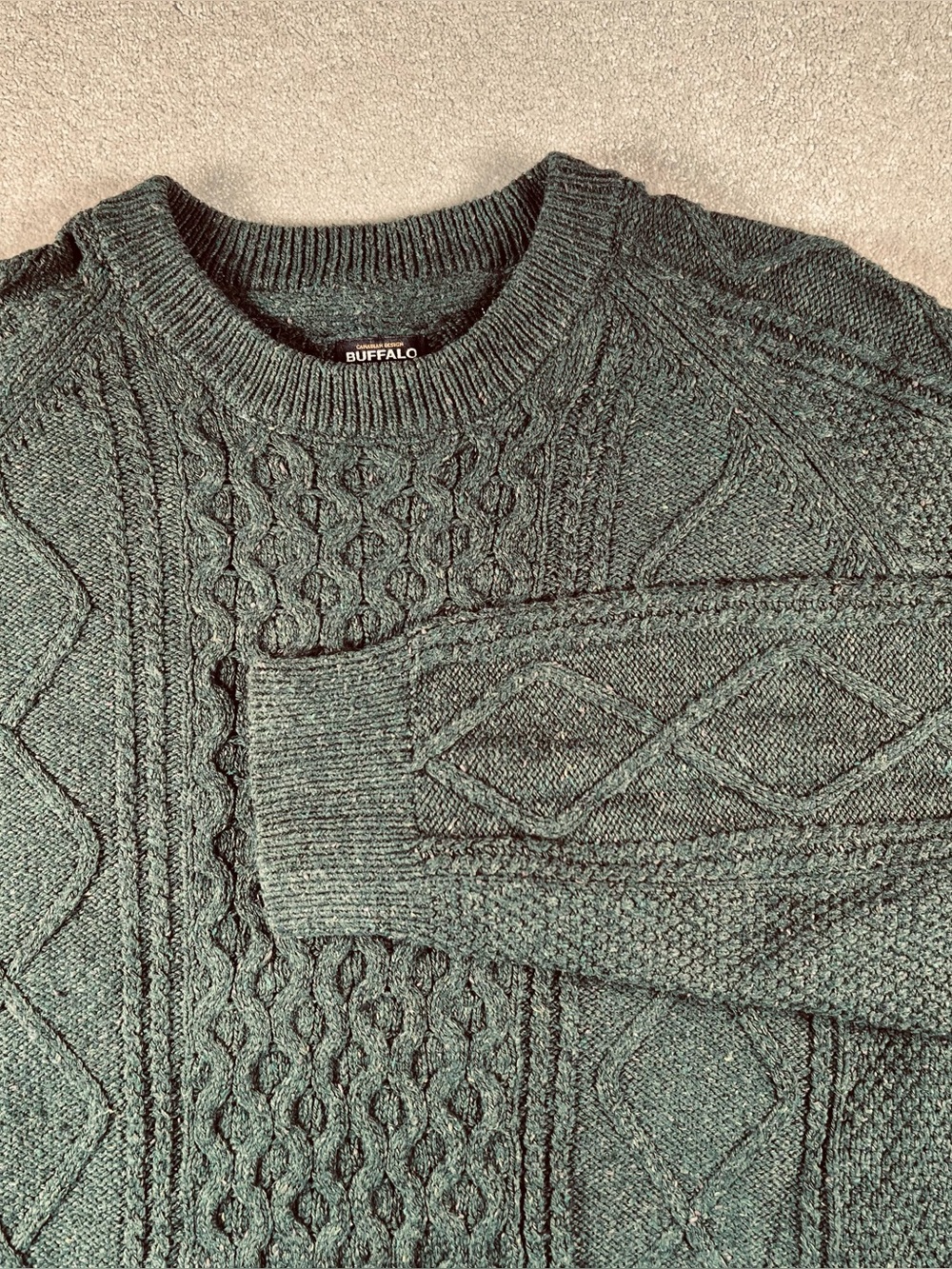 Buffalo Sweater Cable Knit Crew Dark Green Pullover Chunky Casual Men's XLarge